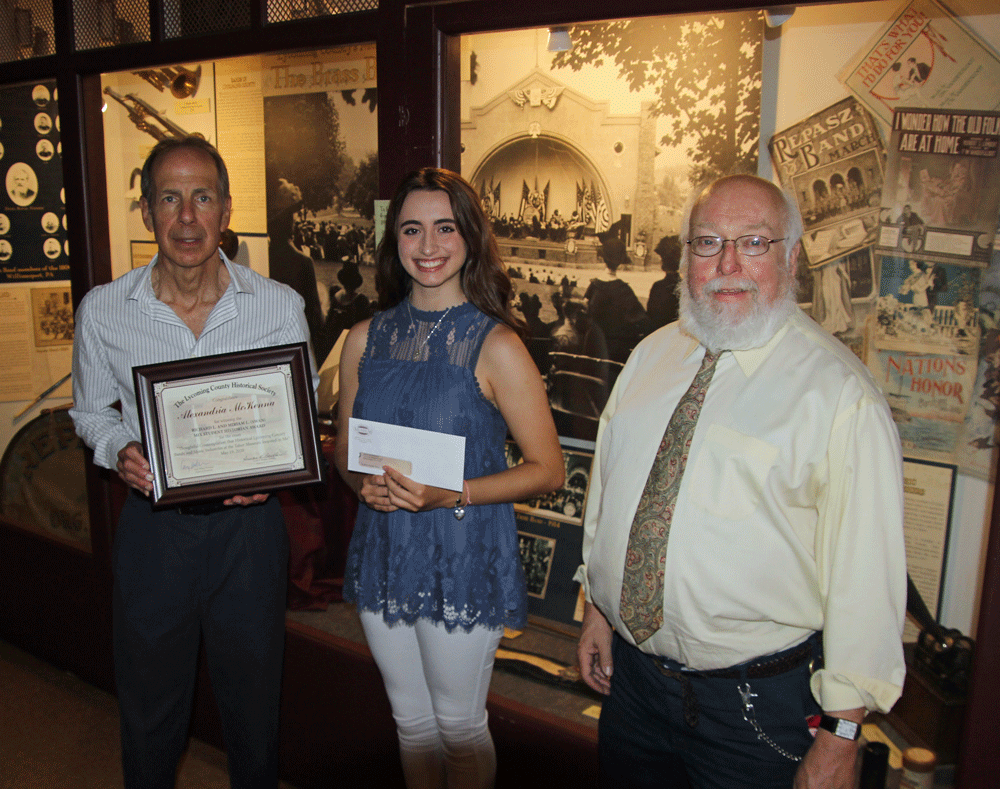 2020 Taber Museum Student Historian Alexandria McKenna with Education Chair Marc Pompeo and Museum Director Gary Parks