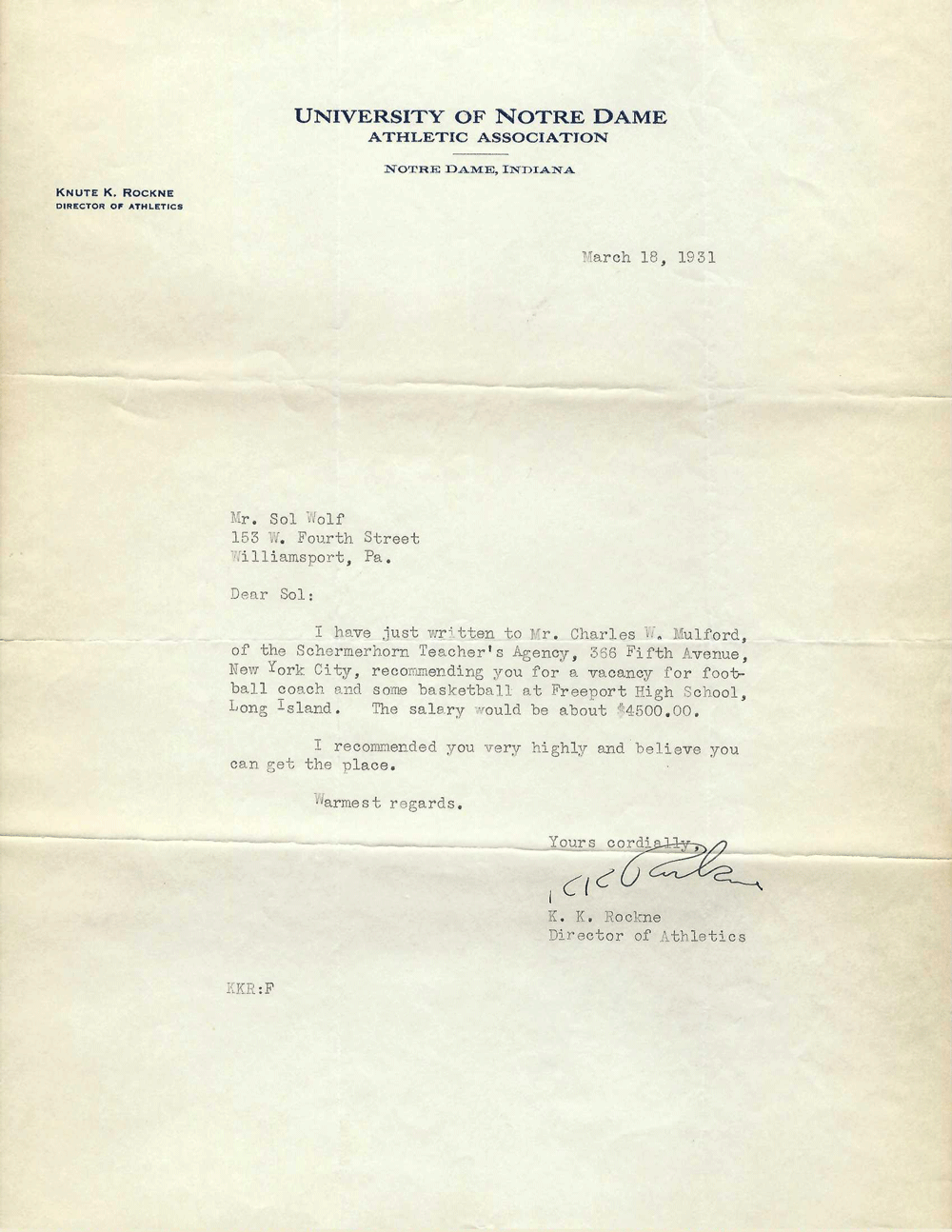 Knut Rockne letter